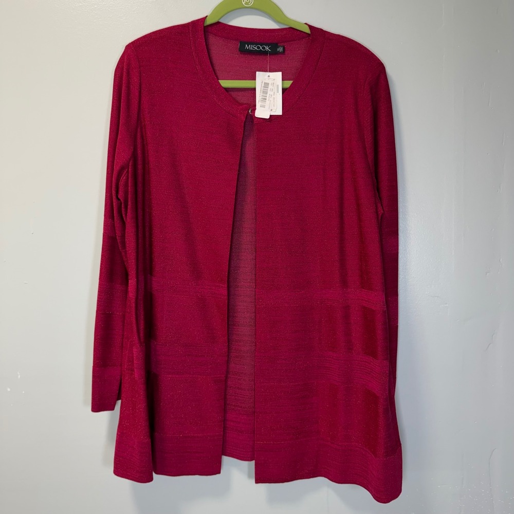 Misook Womens XL Berry Pink Metallic Knit Open Front‎ Cardigan Shoulder Pads NEW